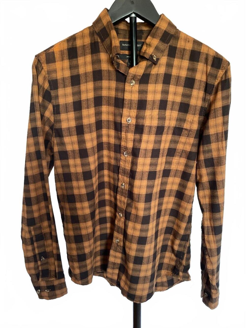 Banana Republic Untucked Fit Brown Plaid Lightweight Cotton Shirt Men's Small